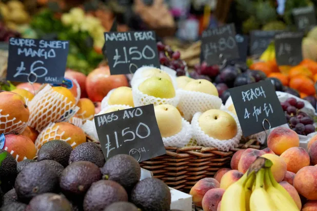 FILE PHOTO: Prices of food are displayed at the Borough Market in London, Britain May 22, 2024. REUTERS/Maja Smiejkowska/File Photo