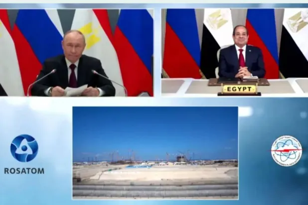 Egyptian President Abdel Fattah al-Sisi and Russian President Vladimir Putin during the launch of the installation of the pressure vessel for the first reactor at the El-Dabaa nuclear plant last month (Egyptian presidency) 