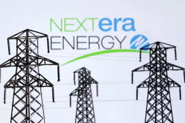 Electric power transmission pylon miniatures and Nextera Energy logo are seen in this illustration taken, December 9, 2022. REUTERS/Dado Ruvic/Illustration 