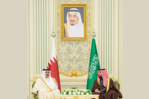 Saudi Crown Prince Mohammed bin Salman bin Abdulaziz Al Saud, holding talks with Emir of Qatar Sheikh Tamim bin Hamad Al Thani at Al-Yamamah Palace in Riyadh - SPA