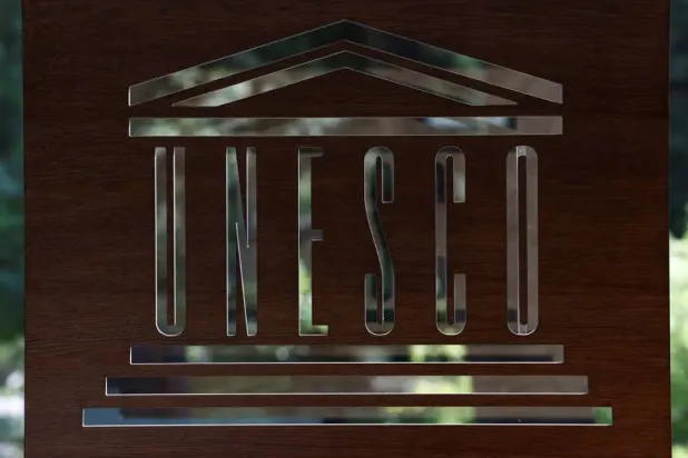 A UNESCO logo is seen at the UNESCO headquarters in Paris, France, May 29, 2023. (Reuters)
