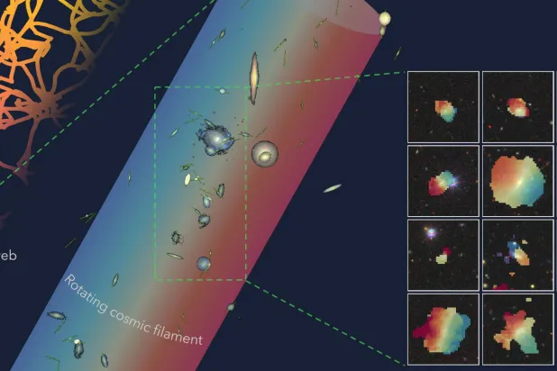 A figure depicting the rotation of neutral hydrogen in galaxies residing in an extended filament, where the galaxies exhibit a coherent bulk rotational motion tracing the large-scale cosmic web, is seen in this undated illustration obtained by Reuters on December 4, 2025. (Lyla Jung/Handout via Reuters) 