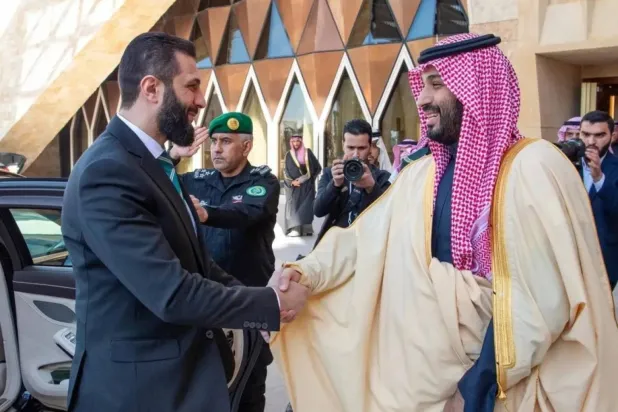 Prince Mohammed bin Salman bin Abdulaziz Al Saud, Saudi Crown Prince and Prime Minister, and Syrian President Ahmed al-Sharaa meet in Riyadh in February. (SPA)