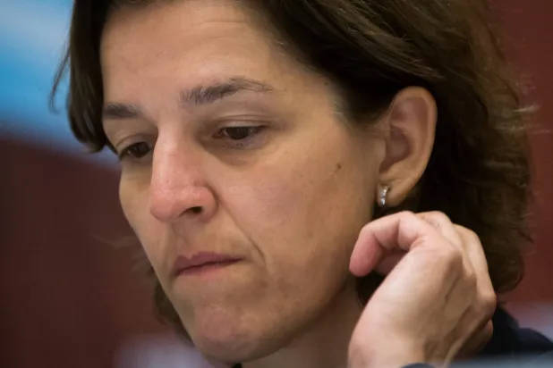 Tatjana Haenni, FIFA deputy director of the competitions division and head of women's football, listens during the opening news conference for the FIFA Women's World Cup in Vancouver, British Columbia, on Thursday, June 4, 2015. (AP)
