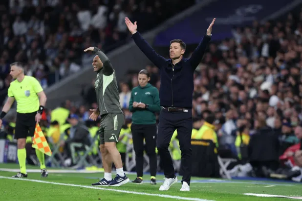Real Madrid's Spanish coach Xabi Alonso reacts during the UEFA Champions League league phase day 6 football match between Real Madrid CF and Manchester City at Santiago Bernabeu Stadium in Madrid on December 10, 2025. (Photo by Thomas COEX / AFP)