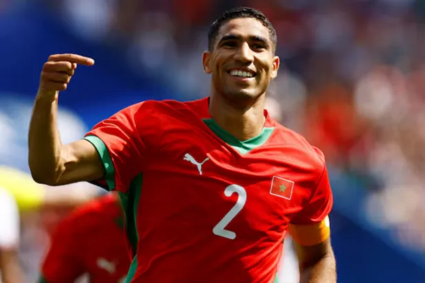 Paris 2024 Olympics - Football - Men's Quarter-final - Morocco vs United States - Parc des Princes, Paris, France - August 02, 2024. Achraf Hakimi of Morocco celebrates scoring their third goal. REUTERS/Piroschka Van De Wouw/File Photo 
