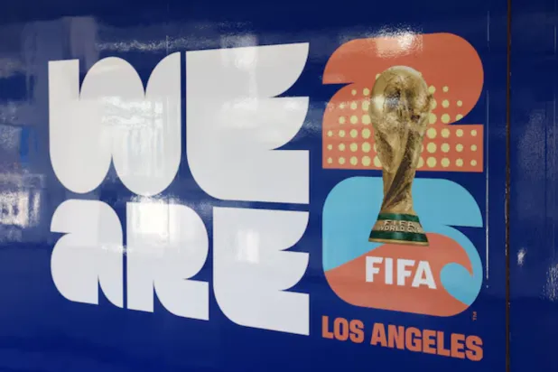 A sign promoting the World Cup in 2026 is shown at a newly opened metro stop at Los Angeles International Airport on December 5th, in Los Angeles, California, US August 22, 2025. REUTERS/David Swanson 