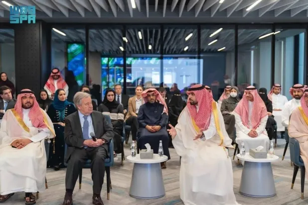 United Nations Secretary-General António Guterres meets with officials at the Innovation Hub of the Digital Government Authority (DGA) in Riyadh on Friday. (SPA)