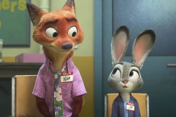 This image released by Disney shows Nick Wilde, voiced by Jason Bateman, left, and Judy Hopps, voiced by Ginnifer Goodwin, in a scene from "Zootopia 2." (Disney via AP) 