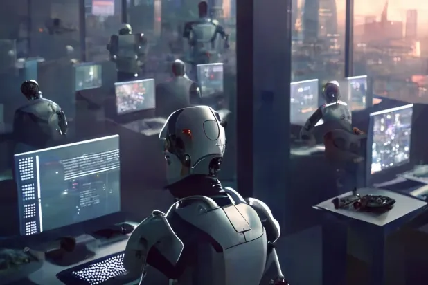 روبوتات تعمل في غرفة أخبار أُنشئت باستخدام تطبيق «Midjourney» المدعوم بالذكاء الاصطناعي (إكس)