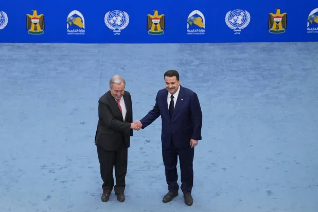 رئيس الحكومة العراقية محمد السوداني والأمين العام للأمم المتحدة أنطونيو غوتيريش في بغداد (إعلام حكومي)