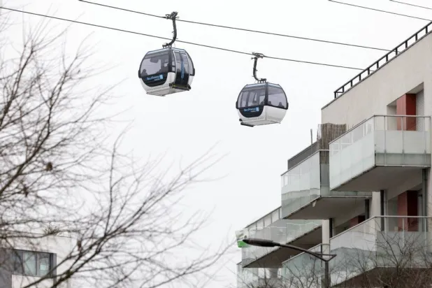 This photograph shows the first urban cable car "C1" in Ile-de-France region during its official launch, in between Creteil Pointe du Lac and Villeneuve-Saint-Georges, on the outskirts of Paris on December 13, 2025. (AFP)