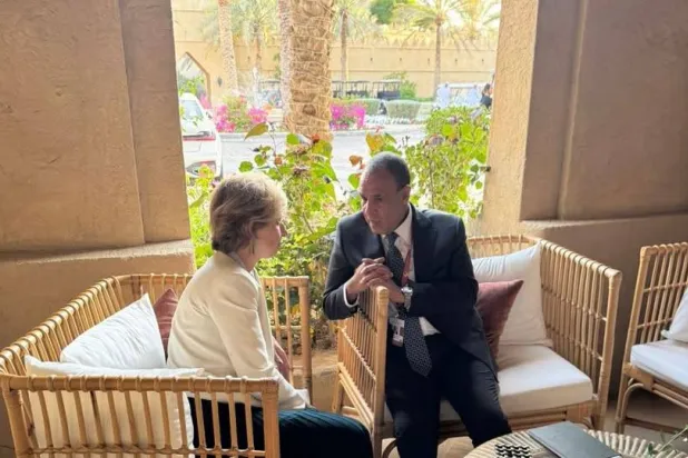 وزير الخارجية المصري خلال لقاء مستشارة الرئيس الفرنسي لشؤون الشرق الأوسط في الإمارات (الخارجية المصرية)