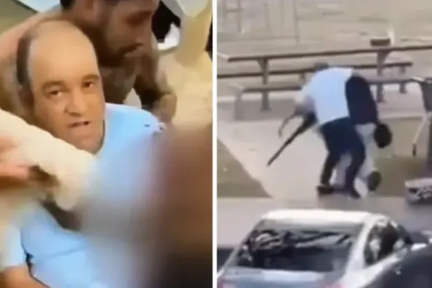 A composite video grab shows Ahmed confronting the gunman, followed by the moment he is given medical aid after being shot (circulated)