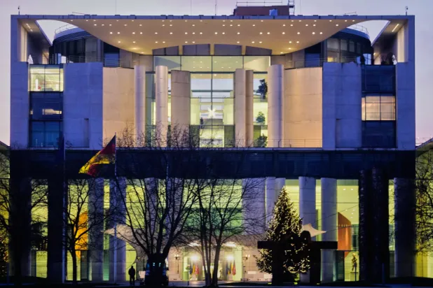 The chancellory is pictured during talks between representatives of the US and Ukraine in Berlin, Germany, Sunday, Dec. 14, 2025. (AP Photo/Markus Schreiber)