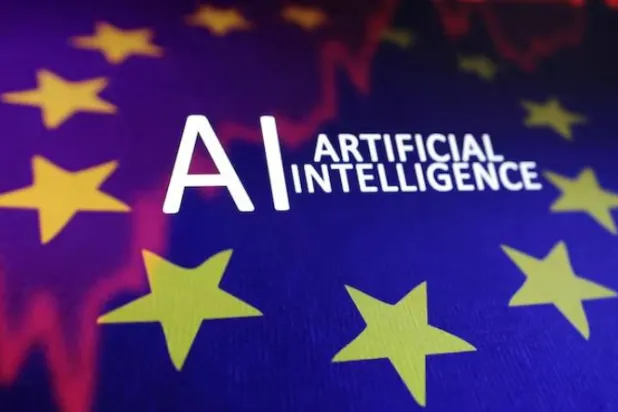 عَلم الاتحاد الأوروبي ومخطط للأسهم وعبارة «الذكاء الاصطناعي» في هذه الصورة التوضيحية (رويترز)