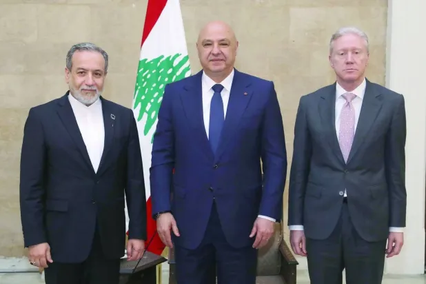 Lebanese President Joseph Aoun (center), Foreign Minister Youssef Raggi (left) and Iranian FM Abbas Araqchi meet in Lebanon in June. (Lebanese Presidency) 