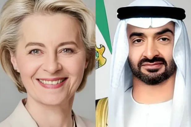 الشيخ محمد بن زايد آل نهيان رئيس دولة الإمارات مع أورسولا فون دير لاين رئيسة المفوضية الأوروبية (وام) 