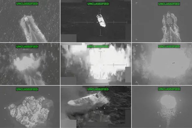 This combination screen grabs from a video posted by US Southern Command (Southcom) X account on December 15, 2025 shows what the US military says are lethal strikes on three separate alleged narco-trafficking vessels (top) as they get hit (middle and bottom) in the eastern Pacific Ocean on December 15, 2025. (AFP photo / US Southern Command's X Account / Handout)