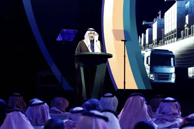 Saudi Minister of Transport and Logistics Services Saleh Al-Jasser speaks at Monday's conference. (Asharq Al-Awsat)
