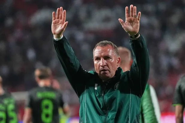Then-Celtic head coach Brendan Rodgers greets supporters after a Europa League soccer match between Red Star and Celtic at Rajko Mitic Stadium in Belgrade, Serbia, Sept. 24, 2025. (AP)