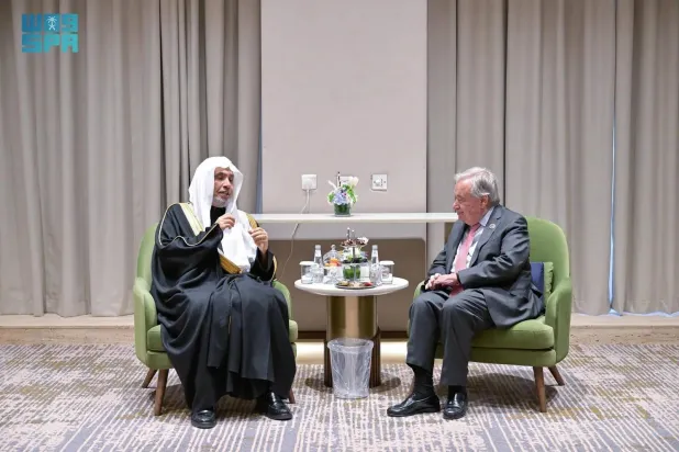 Muslim World League (MWL) Secretary-General and Organization of Muslim Scholars Chairman Sheikh Dr. Mohammed Al-Issa and United Nations Secretary-General António Guterres meet in Riyadh on Tuesday. (SPA)