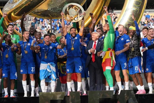 Chelsea's Reece James, center, lifts the trophy following the Club World Cup final soccer match between Chelsea and PSG at MetLife Stadium in East Rutherford, N.J., Sunday, July 13, 2025. (AP) 