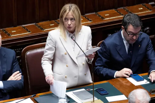 Italy's Prime Minister Giorgia Meloni speaks at the the lower house of Parliament, ahead of a European Union leaders' summit, in Rome, Italy, December 17, 2025. REUTERS/Remo Casilli 