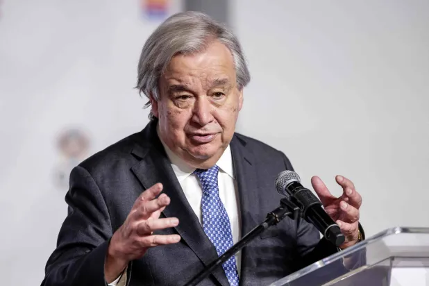 UN Secretary General Antonio Guterres speaks during a press conference at the Nasrec Expo Center in Johannesburg on November 21, 2025, ahead of the G20 Leaders' Summit. (Photo by GIANLUIGI GUERCIA / AFP)