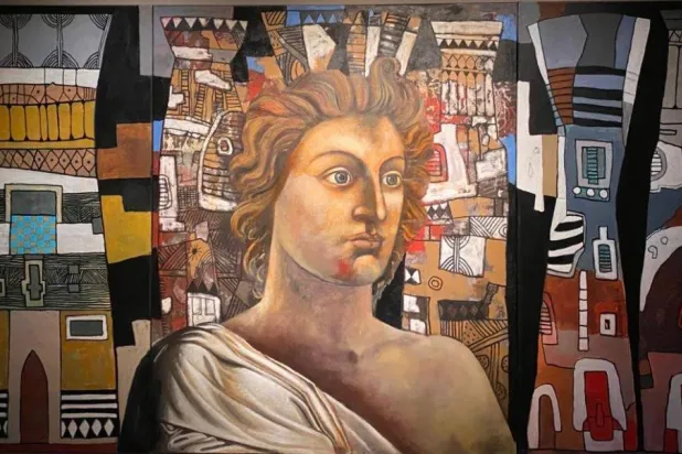 بورتريه مُتخيَّل للإسكندر تظهر في خلفيته عناصر حداثية (مكتبة الإسكندرية)