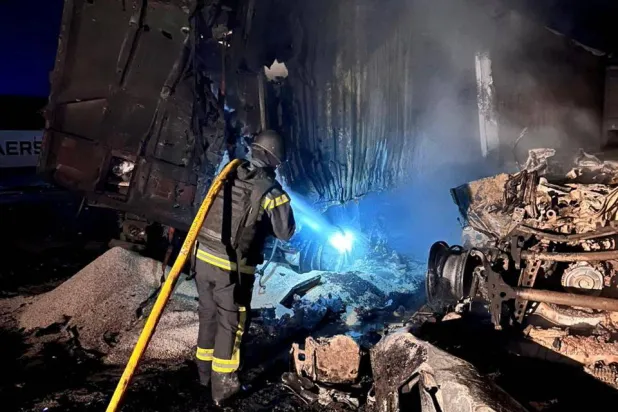 A firefighter works at the site of a Russian missile and drone strike, amid Russia's attack on Ukraine, in Odesa region, Ukraine in this handout picture released December 20, 2025. Press service of the State Emergency Service of Ukraine in Odesa region/Handout via REUTERS 