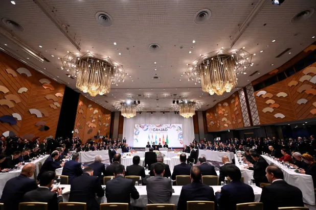 TOKYO, JAPAN - DECEMBER 20: Japan's Prime Minister Sanae Takaichi, Kazakhstan's President Kassym-Jomart Tokayev, Tajikistan's President Emomali Rahmon, Turkmenistan's President Serdar Berdimuhamedov,  Kyrgyzstan's President Sadyr Zhaparov, and Uzbekistan’s President Shavkat Mirziyoyev attend the leaders-level "Central Asia plus Japan" Dialogue (CA+JAD) summit, in Tokyo, Japan, on December 20, 2025.     David MAREUIL/Pool via REUTERS