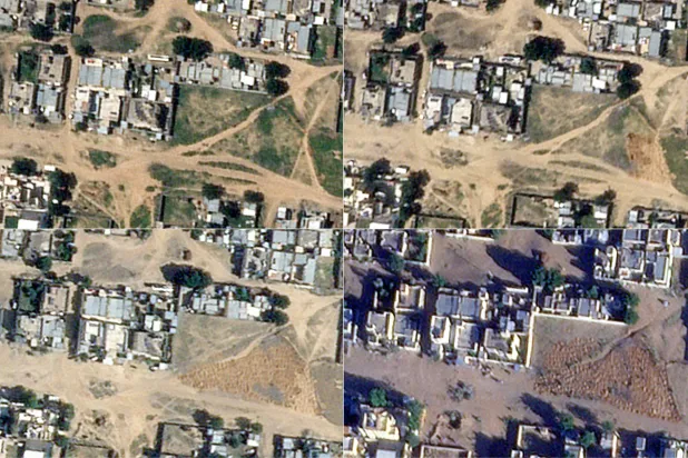 (COMBO) This combination of satellite images released by Planet Labs PBC on December 19, 2025, shows from top left to bottom right:- the graves near the United Nations Children's Fund (UNICEF) headquarters in El-Fasher, taken on the following dates: on October 8, 2025, on October 27, 2025, on January 15, 2025, and on December 14, 2025. (Photo by Handout / Planet Labs / AFP)
