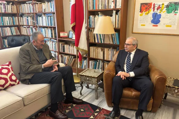 Prime Minister Nawaf Salam and ambassador Simon Karam meet on Saturday. (PM's office)