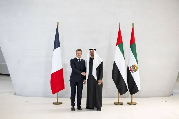 United Arab Emirates President Sheikh Mohamed bin Zayed Al Nahyan and French President Emmanuel Macron meet in Abu Dhabi on Sunday. (WAM)