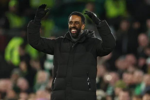 Soccer Football - Scottish Premiership - Celtic v Aberdeen - Celtic Park, Glasgow, Scotland, Britain - December 21, 2025 Celtic manager Wilfried Nancy celebrates their third goal scored by Celtic's James Forrest REUTERS/Russell Cheyne
