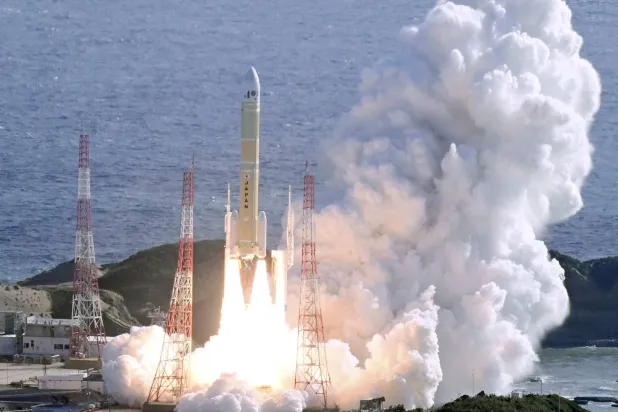 Japan's H3 rocket No.8 carrying carrying the Michibiki No. 5 satellite lifts off from the Tanegashima Space Center on the southwestern island of Tanegashima, Kagoshima Prefecture, southwestern Japan, December 22, 2025, in this photo taken by Kyodo. Kyodo/via REUTERS 