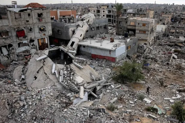 This overview shows a destroyed mosque and other buildings in Khan Younis in the southern Gaza Strip on October 7, 2024 on the first anniversary of the ongoing war in the Palestinian territory between Israel and Hamas. (AFP)