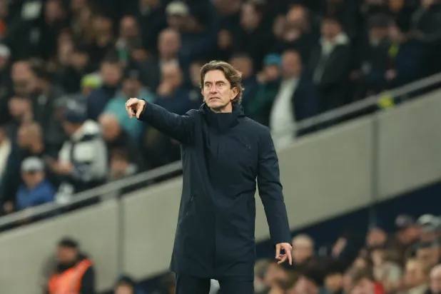 Tottenham Hotspur's manager Thomas Frank gestures during the English Premier League match between Tottenham Hotspur and Liverpool FC, in London, Britain, 20 December 2025. (EPA)
