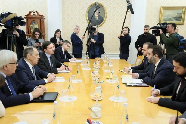 Russia's Foreign Minister Sergei Lavrov and Syria's Foreign Minister Asaad al-Shaibani attend a meeting in Moscow, Russia December 24, 2025. (Russian Foreign Ministry/Handout via Reuters)