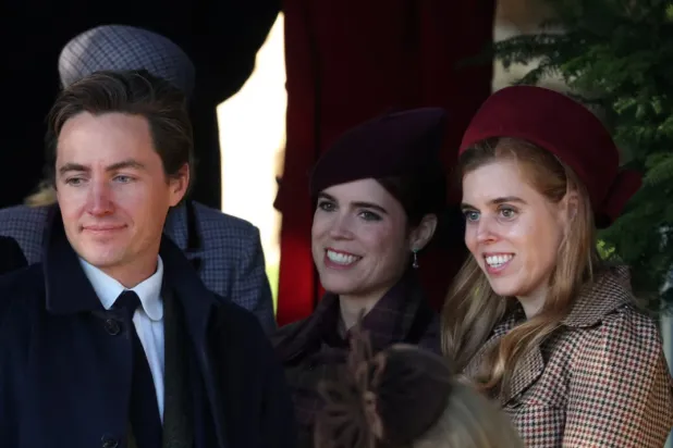 Britain's Princess Beatrice, Princess Eugenie, and Edoardo Mapelli Mozzi leave after attending the Royal Family's Christmas Day service at St. Mary Magdalene's church, as the royals take residence at the Sandringham estate in eastern England, Britain, December 25, 2025. REUTERS/Hannah McKay 