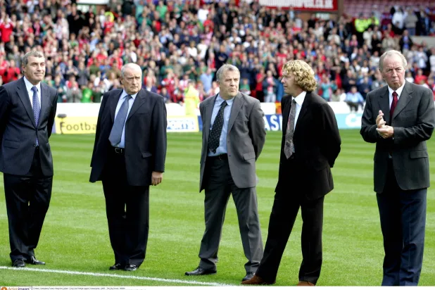 FILE PHOTO: Football - Nottingham Forest v West Ham United - Coca-Cola Football League Championship - 04/05 - The City Ground , 26/9/04 Former Nottingham Forest players Peter Shilton , John Robertson , Tony Woodcock and Frank Clark at the City Ground to pay respects to the late Brian Clough Mandatory Credit: Action Images / Michael Regan/File Photo
