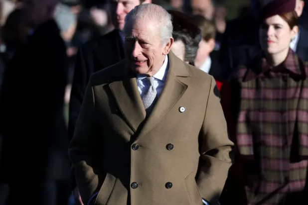 Britain's King Charles, along with members of the royal family, arrives to attend the Royal Family's Christmas Day service at St. Mary Magdalene's church, as the royals take residence at the Sandringham estate in eastern England, Britain, December 25, 2025. REUTERS/Hannah McKayg Rights