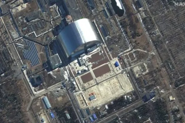 A satellite image shows a closer view of sarcophagus at Chernobyl, amid Russia's invasion of Ukraine, Ukraine, March 10, 2022. Satellite image. 2022 Maxar Technologies/Handout via REUTERS Purchase Licensing Rights