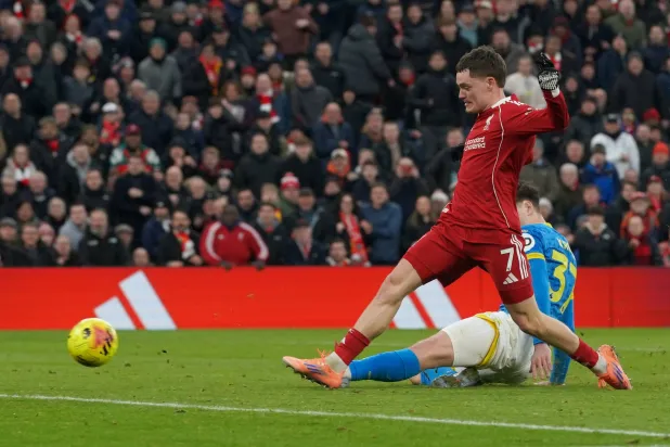 Liverpool's Florian Wirtz scores his side's second goal during the English Premier League soccer match between Liverpool and Wolverhampton Wanderers in Liverpool, Sunday, Dec. 27, 2025. (AP Photo/Ian Hodgson)