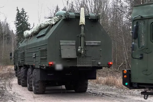 In this image made from video provided by Russian Defense Ministry Press Service on Monday, Dec. 29, 2025, Russia's Oreshnik missile system is seen during a training in an undisclosed location in Belarus. (Russian Defense Ministry Press Service via AP)
