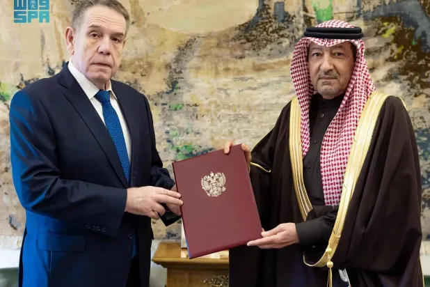 Russian Ambassador to the Kingdom Sergey Kozlov and Saudi Vice Minister of Foreign Affairs Waleed Elkhereiji meet in Riyadh on Tuesday. (SPA)