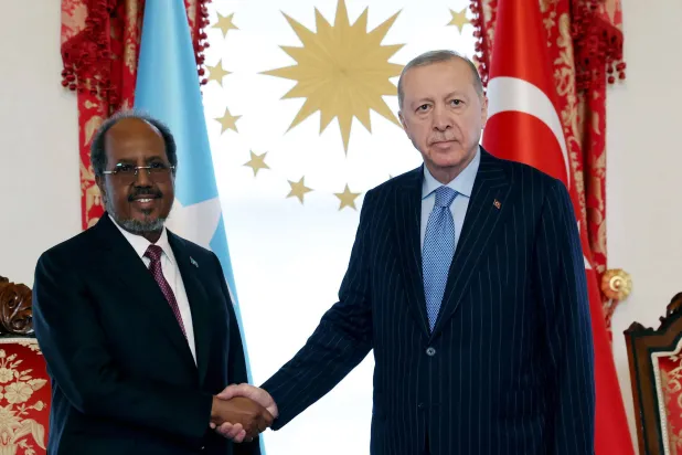 This handout photograph taken and released by the Turkish presidential press service on December 30, 2025, shows Türkiye’s President Recep Tayyip Erdogan (R) and Somalia's President Hassan Sheikh Mohamud (L) shaking hands before their meeting in Istanbul. (Photo by Handout / Turkish Presidential Press Service / AFP) 