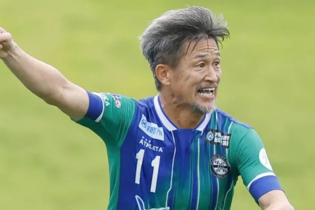 Japanese forward Kazuyoshi Miura of Suzuka plays in a JFL soccer match against Oita in Suzuka, central Japan, July 14, 2024. (Kyodo News via AP, File)