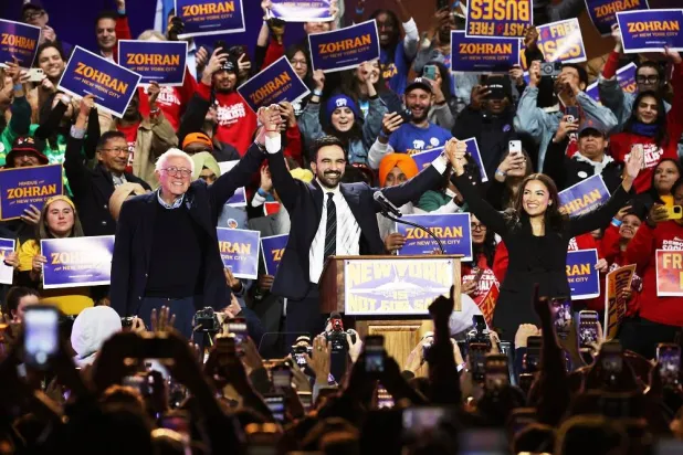 Sen. Bernie Sanders, I-Vt., left, New York City mayoral candidate Zohran Mamdani, center, and Rep. Alexandria Ocasio-Cortez, D-N.Y., appear on stage during a rally, Sunday, Oct. 26, 2025, in New York. (AP)